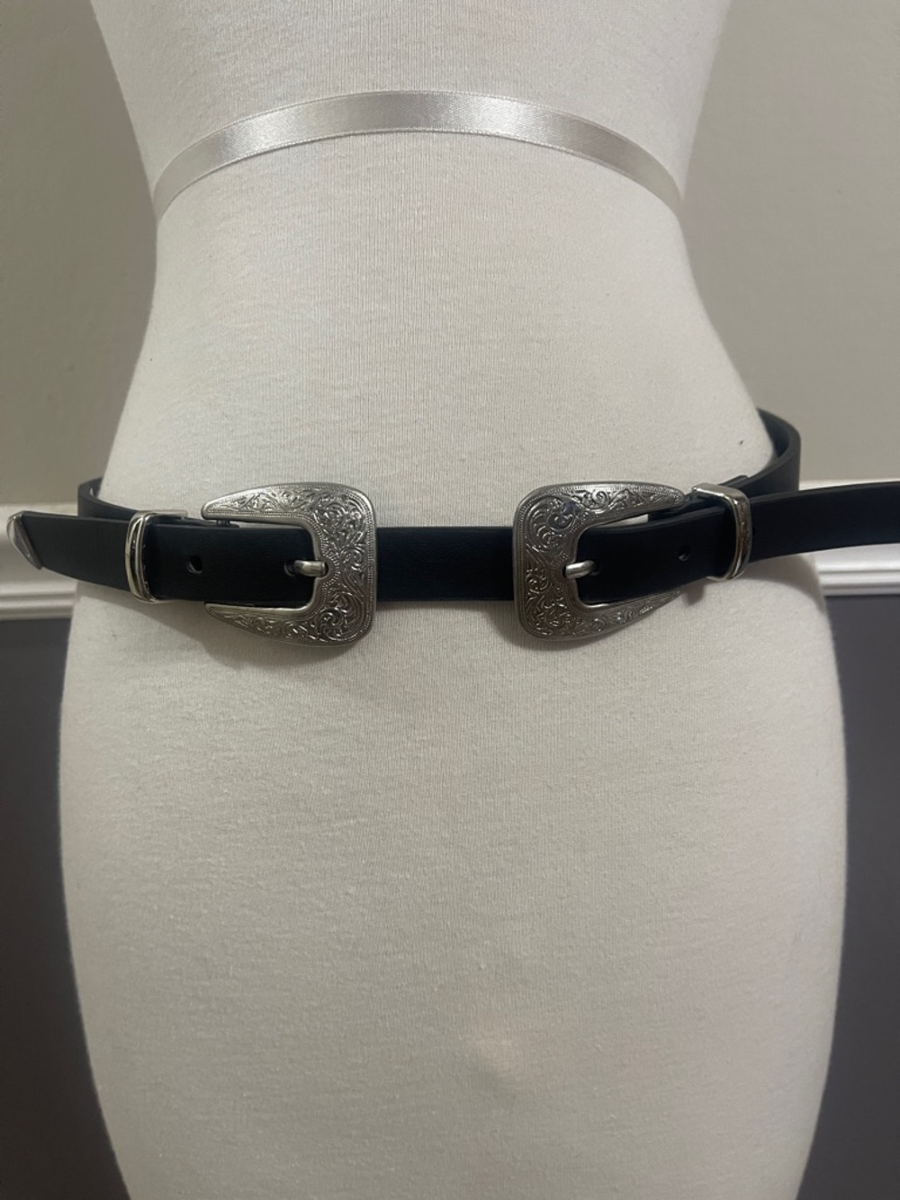 Target Black Double-Buckle Western Belt with Silver Buckles